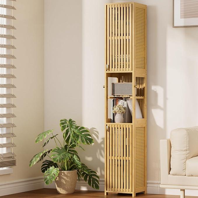Amazer 70'' Tall Bathroom Storage Cabinet Bamboo, Narrow Storage Cabinet with Rattan Doors and Adjustable Shelves, Slim Freestanding Organizer for Living Room, Kitchen, Natural Color - ModernBath