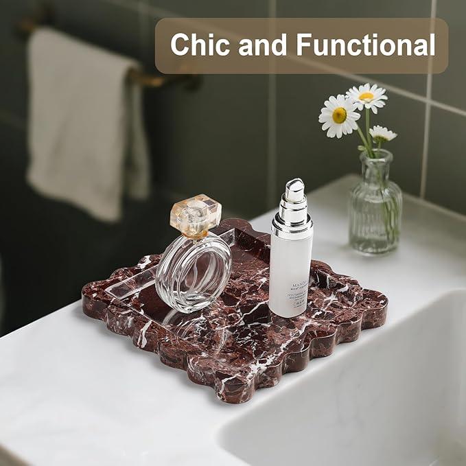 Natural Marble Vanity Tray - Moujings Genuine Marble Perfume Tray for Bathroom Decor, Stone Bathroom Vanity Organizer Tray for Kitchen Counter, Candles, Jewelry, Coffee, Makeup, Key - ModernBath
