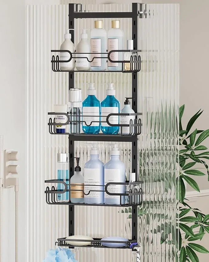 Consumest Over The Door Shower Caddy - 4 Tier Adjustable Hanging Shower Organizer Shelf with 2 Soap Holders & 22 Hooks, Rustproof Easy Installation Hanging Storage Rack for Bathroom, Black - ModernBath