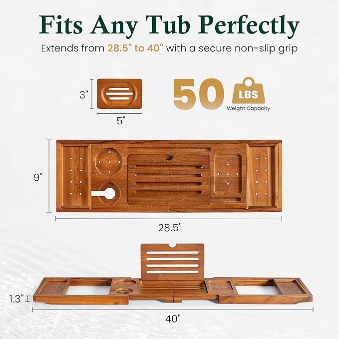 Realgulf Teak Bathtub Tray, Bath Caddy with Wine Glass Holder, Phone Dock & Book Stand | Hands-Free Reading & Ultimate Spa Relaxation Experience-Natural - ModernBath