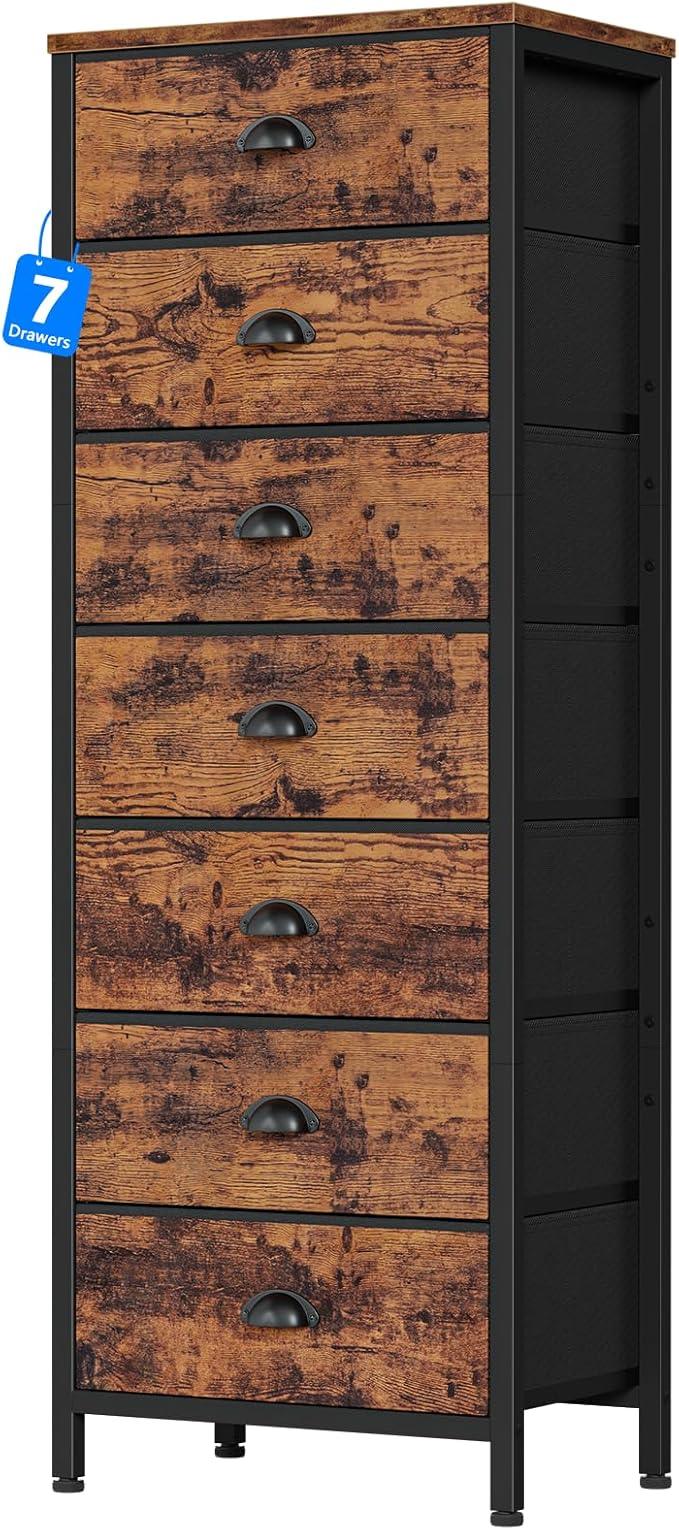 Furnulem Bedroom Dresser with 7 Drawers,Tall Industrial Fabric Chest of Drawers, Vertical Storage Tower Bedside Furniture in Living Room,Closet,Entryway-Sturdy Steel Frame(Rustic Brown) - ModernBath