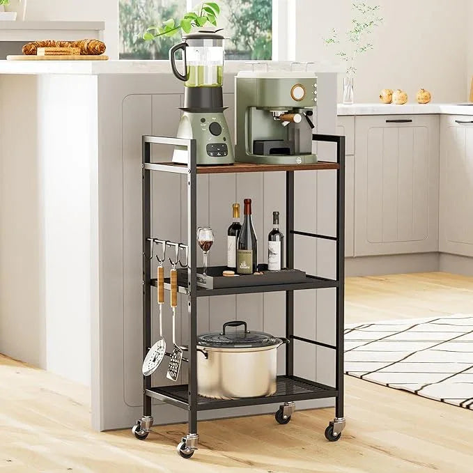 3-Tier Metal Storage Rack with Industrial Wheels,Mesh Shelving Unit with Wooden Table top,Adjustable Shelf,16.9-Inch Width,for Kitchen,Laundry,Pantry,Plant,Black - ModernBath