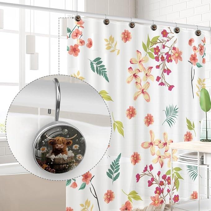 Rural Bathing Highland Cow Shower Curtain Hooks 12Pcs, Decorative Rust Resistant Shower Rings for Shower Curtain Rods, Stainless Steel Round Curtain Hooks for Bathroom, Bedroom, Farmhouse - ModernBath