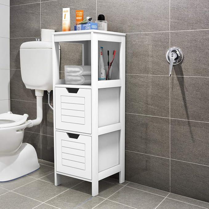 Tangkula Bathroom Floor Cabinet, Narrow Wooden Storage Cabinet w/2 Switchable Drawers, Freestanding Small Cabinet for Small Spaces, 12 x 12 35 Inch (White) - ModernBath