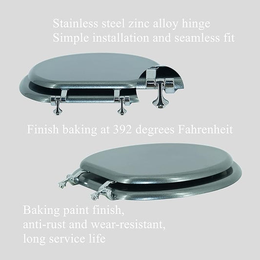BLOFDE Round Toilet Seat Wood Toilet Seat Prevent Shifting with Zinc Alloy Hinges American Standard Size Toilet Seat Easy to Install also Easy to Clean(Round,Sparkling GentlemanGrey)