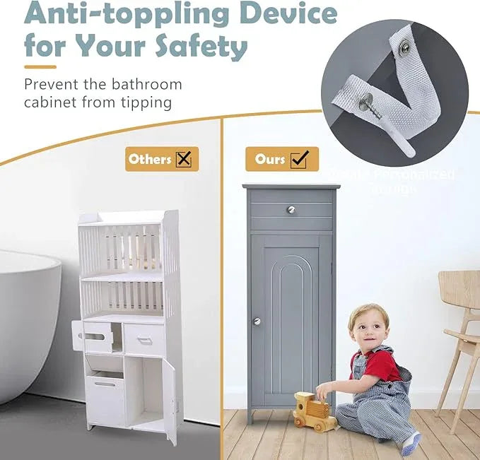 COSTWAY Bathroom Storage Cabinet, Single Door Floor Cabinet with Drawer and 3-Level Adjustable Shelves, Modern Side Storage Organizer with Anti-Tipping Device for Living Room, Bedroom (Gray) - ModernBath