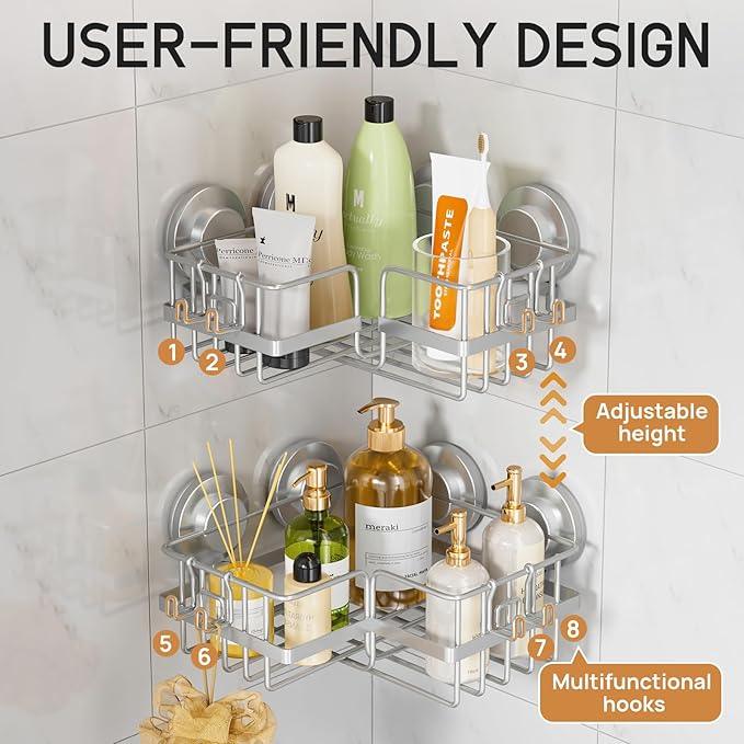 LEVERLOC Corner-adaptive Suction Cup Shower Caddies 2 Pack, Stainless Steel Rustproof Corner Shower Shelf, Large Capacity Removable Suction Cup Bathroom Organizer, Drill-Free Wall Mounted Basket, Gray - ModernBath