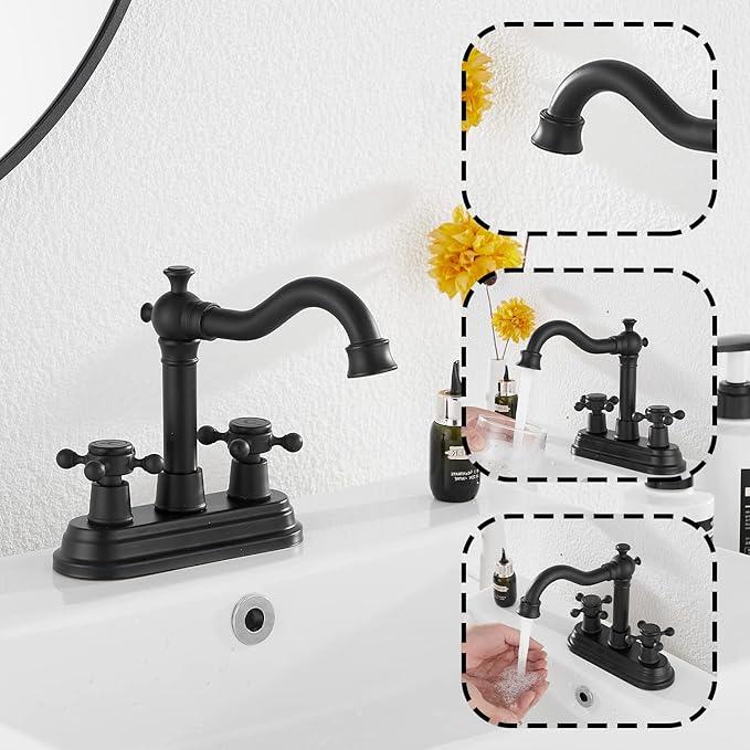 Bathroom Faucet Matte Black GGStudy 2 Handles 4 Inches Centerset Bathroom Vanity with Drain Assembly and Supply Hose Lavatory Faucet Mixer Double Handle Tap - ModernBath