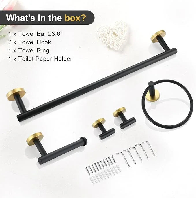 TQKAG Black and Gold Bathroom Accessory Set 5 Pieces, Round Stainless Steel Bath Towel Bar Set 23.6 Inch Towel Racks for Bathroom Wall Mounted - ModernBath