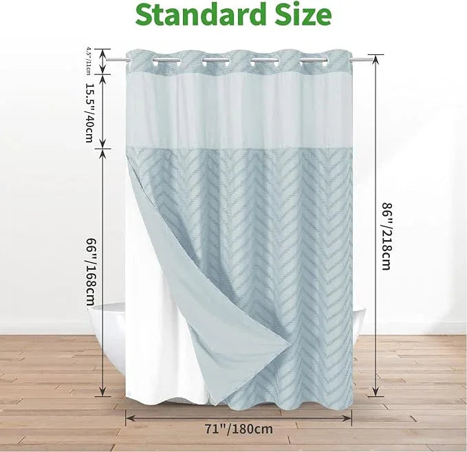 eachope Extra Long No Hook Boho Farmhouse Shower Curtain with Snap-in Fabric Liner set-71Wx86H(84H),Tufted Chevron Striped Hotel Grade Cloth Shower Curtains for Bathroom,Water Repellent,Fog Blue - ModernBath