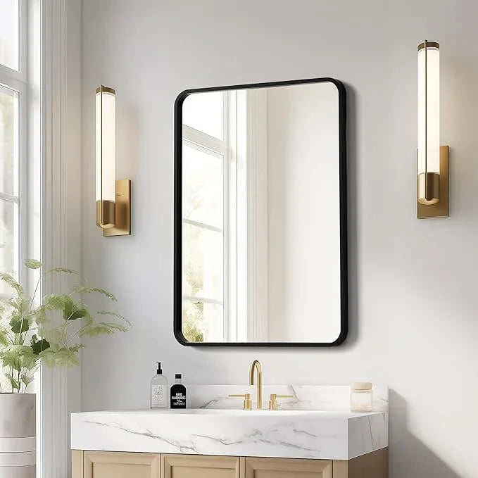 USHOWER Black Bathroom Mirror for Over Sink 22 x 30 Inch, Matte Black Rectangle Mirror for Wall, Rounded Metal Frame Vanity Mirror - ModernBath
