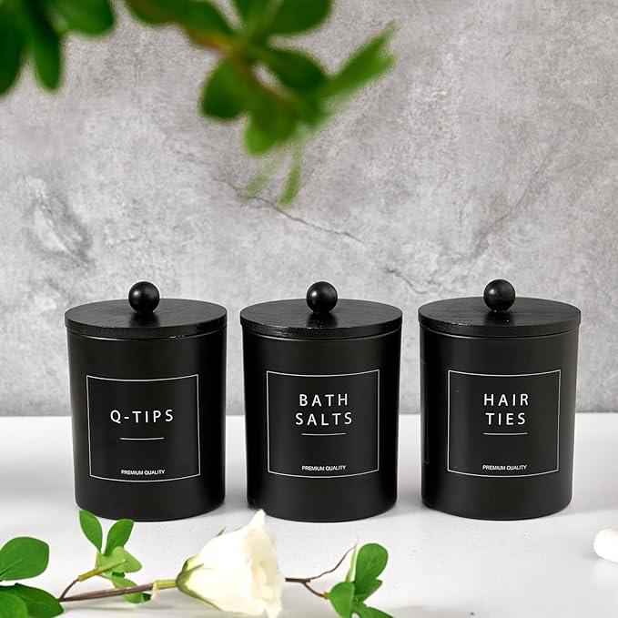 Glass Qtip Holder for Bathroom, Black Cotton Round Holder Swab Pad Dispenser with Lids, Floss Pick Holder with Bamboo Tray, Apothecary Jars with Scoop, Set of 3 - ModernBath
