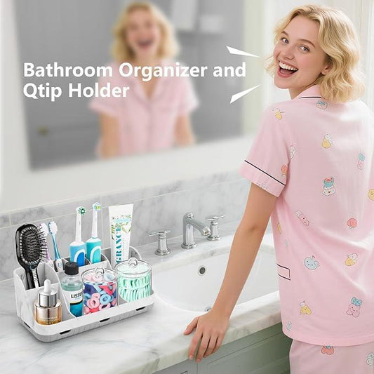 GFWARE Bathroom Toothbrush Holder Set with 2 Pack Qtip Holder Dispenser - Detachable 7 Slots Bathroom Accessory Set, Kids Marble Bathroom Sink Counter Set, Bathroom Essentials Decor, Grey - ModernBath