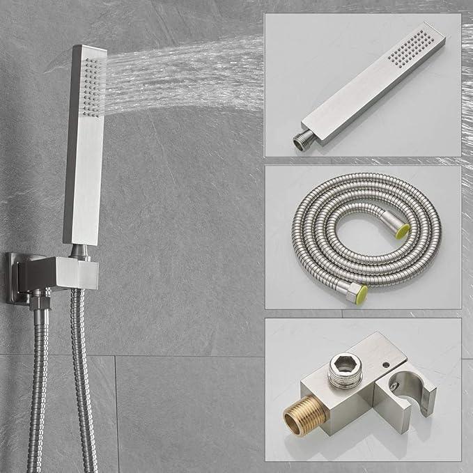 JingGang Shower System Brushed Nickel Bathroom Rainfall Shower Faucet Set Complete Wall Mounted 8 Inch Shower Head and Handle Set with Rough-in Valve Body and Trim Kit - ModernBath