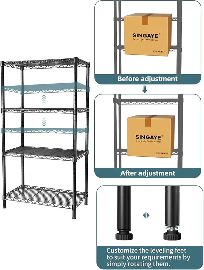 SINGAYE 4 Tier Storage Rack Wire Shelving Unit Shelves Metal for Pantry Closet Shelve Organization Kitchen Laundryroom 800Lbs Capacity 24" D x 14" W x 48" H Black - ModernBath