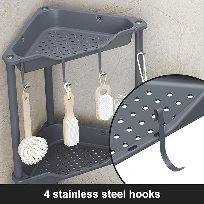 Orimade Rustproof 3 Tier Floor Standing Corner Shower Caddy Organizer, Plastic Metal Splicing Floor Corner Shelf Rack Stands for Bathroom, Grey - ModernBath