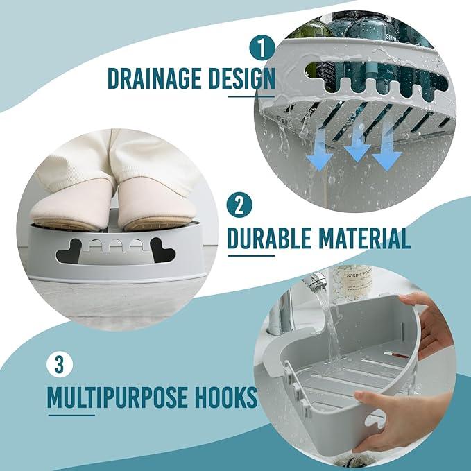 TAILI Corner Shower Caddy with Suction Cups, Wall Mounted Organizer Plastic Rack for Small Bathrooms, Kitchen, Removable Drill-Free Heavy Duty Shelf Basket, Grey - ModernBath