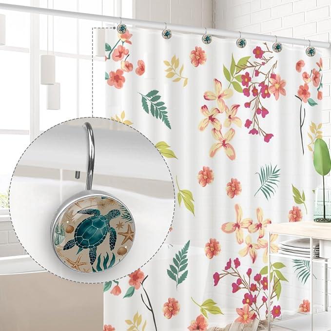 Vintage Nautical Ocean Turtle Shower Curtain Hooks, 12Pcs Decorative Rust Resistant Shower Rings for Shower Curtain Rods, Stainless Steel Round Curtain Hooks for Bathroom, Bedroom - ModernBath