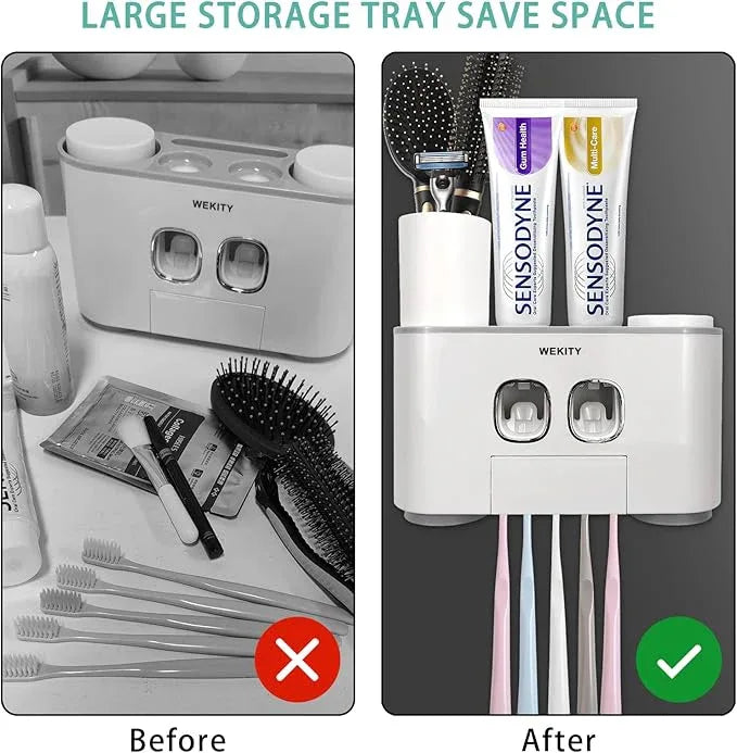 Toothbrush Holder WREWING Multi-Function Wall-Mounted Automatic Toothpaste Dispenser and Dust-Proof Toothbrush Holder with 5 Brush Slots 4 Cups 2 Automatic Toothpaste Dispensers 1 Storage Slot (Grey) - ModernBath