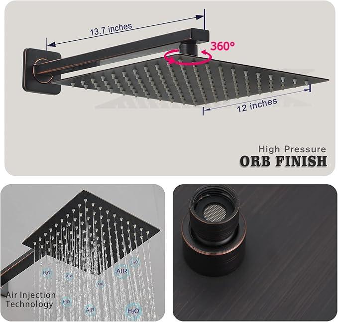 annazom Oil Rubbed Bronze rain Shower Faucet Set Shower System 12 Inches Square Shower Head with Handheld, Waterfall Showerhead, All Metal Shower Faucet Trim Repair Kits (Contain Shower Valve) - ModernBath