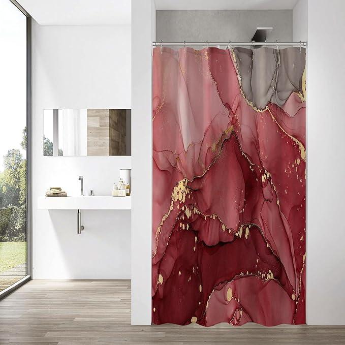 Gibelle Small Stall Half Abstract Red Marble Shower Curtain Set, 36 x 72, Modern Ink Art Waterproof Fabric with Hooks - ModernBath