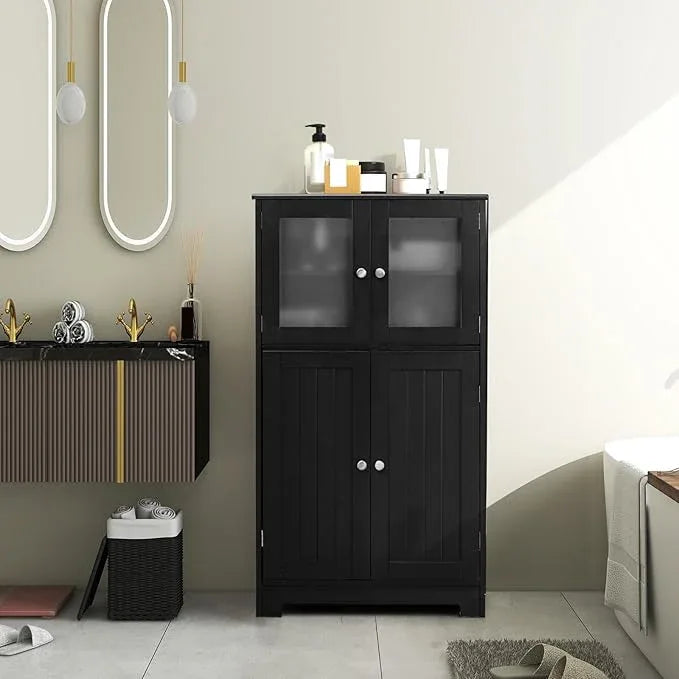 GOFLAME Bathroom Storage Cabinet, Freestanding Storage Cabinet with 4 Doors, Wooden Kitchen Cupboard with Adjustable Shelf, Buffet Sideboard, Multipurpose Home Organizer for Bathroom, Kitchen, Black - ModernBath