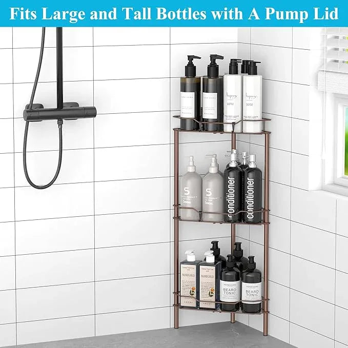 3 Tier Floor Standing Corner Shower Caddy Organizer Shelf with Hooks, Bathroom Shelves Stand Rack, Coffee - ModernBath