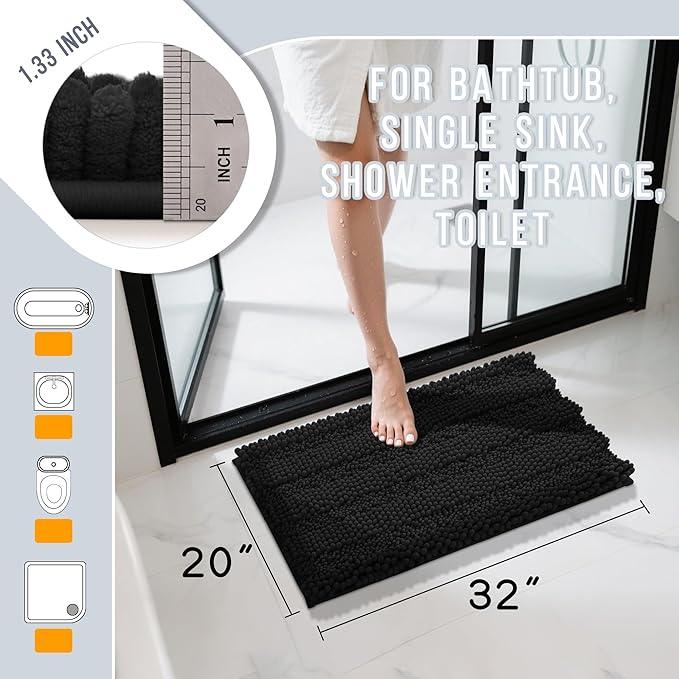Yimobra Bathroom Rug Mat 32 x 20, Non Slip and Super Absorbent Bath Mat,Machine Washable Quick Dry,Ultra Plush Chenille Shower Rugs for Bathroom Floor Sink Tub and Shower Outside,Black - ModernBath