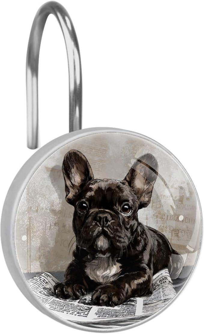 French Bulldog Dog Shower Curtain Hooks Rings, Stainless Steel Rust Proof Shower Curtain Hooks, Decorative Shower Hooks for Bathroom Shower Rods Curtains, Set of 12 - ModernBath