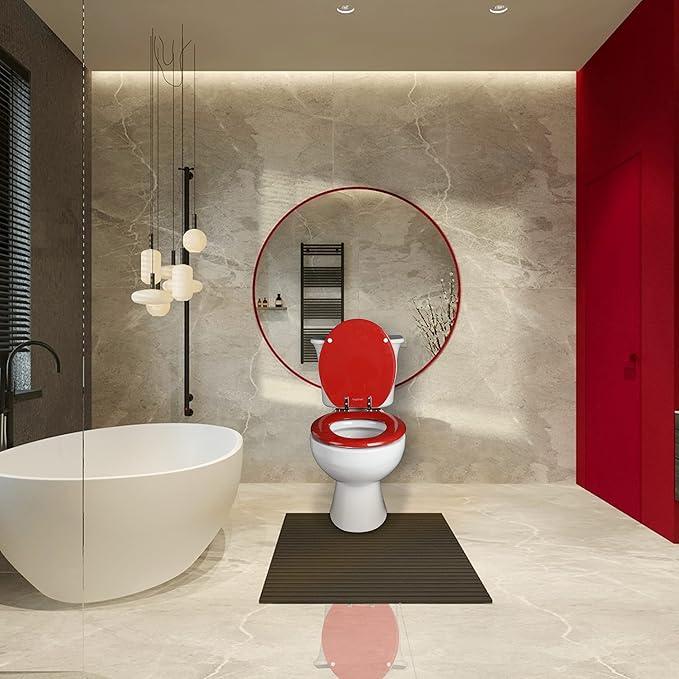 Red Round Toilet Seat Natural Wood Toilet Seat with Zinc Alloy Hinges, Easy to Install also Easy to Clean, Scratch Resistant Toilet Seat by Angol Shiold (Round, Red) - ModernBath