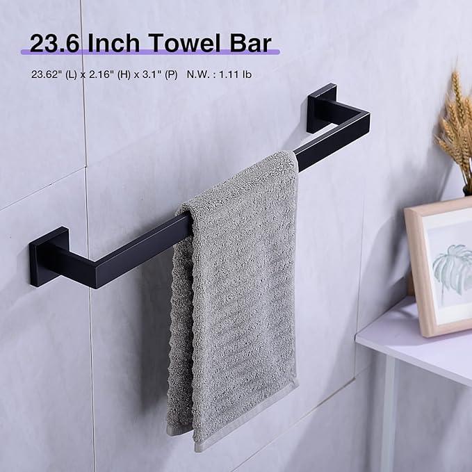 TRUSTMI Black Bathroom Hardware Set Contemporary 5-Pieces Wall Mounted Towel Bar Set, Stainless Steel Square Shaped Bathroom Hardware Accessories, Matte Black - ModernBath