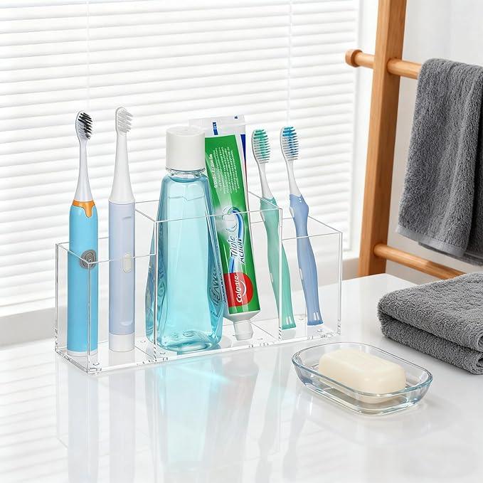 Acrylic Toothbrush Holder for Bathroom Counter, Clear Multi-Functional Toothbrush Organizer with Compartments for Electric Toothbrush, Toothpaste - ModernBath