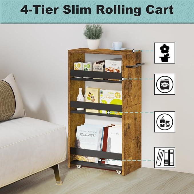 MARTY Rolling Storage Cart 7.9" W, 4-Tier Narrow Kitchen Cart with Wheels Handle, Slim Storage Mobile Shelving Utility Carts for Bathroom Laundry Room Organization Small Spaces(Rustic Brown) - ModernBath