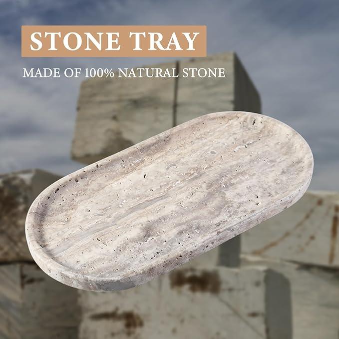 Koville Natural Travertine Tray for Bathroom Countertop, 12"x6" Vanity Decorative Marble Tray for Perfume, Candles, Jewelry, Stone Catchall Trays Jewelry Dish, Silver Stone Trays for Kitchen Counter - ModernBath