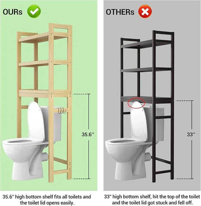 Homykic Over The Toilet Storage, 3-Tier Bamboo Bathroom Shelf with 3 Hooks, Above Toilet Organizer Rack Freestanding for Small Space, Restroom, Laundry, Easy Assembly, Natural - ModernBath
