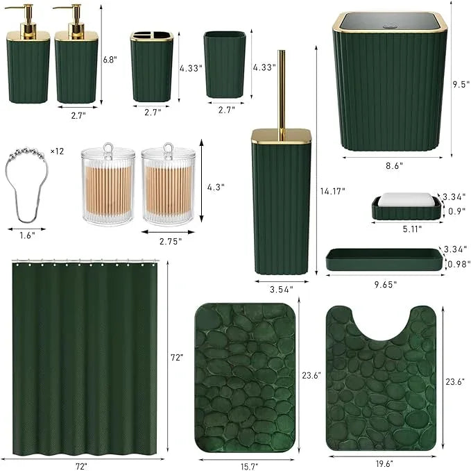 XLHOMO Bathroom Accessory Set - 25PC Green Bathroom Sets, Bathroom Set with Shower Curtain and Rugs, Dark Green Shower Curtain Set, Trash Can, Qtip Holder Dispenser & Soap Dispenser - ModernBath
