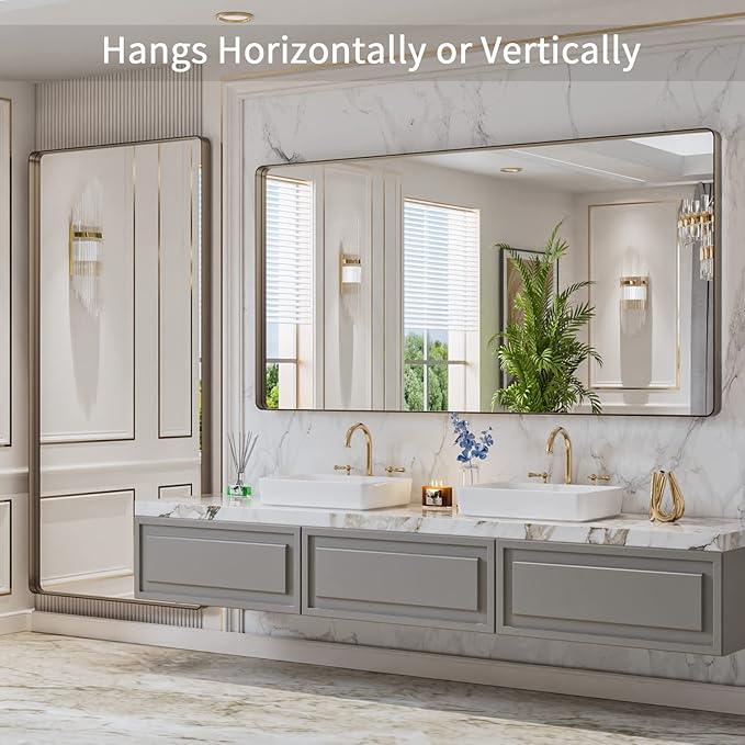 LOAAO 72”X36” Bronze Bathroom Mirrors for Vanity, Rounded Rectangle Brushed Bronze Metal Frame Mirror, Anti-Rust, Tempered Glass, Hangs Horizontally or Vertically - ModernBath