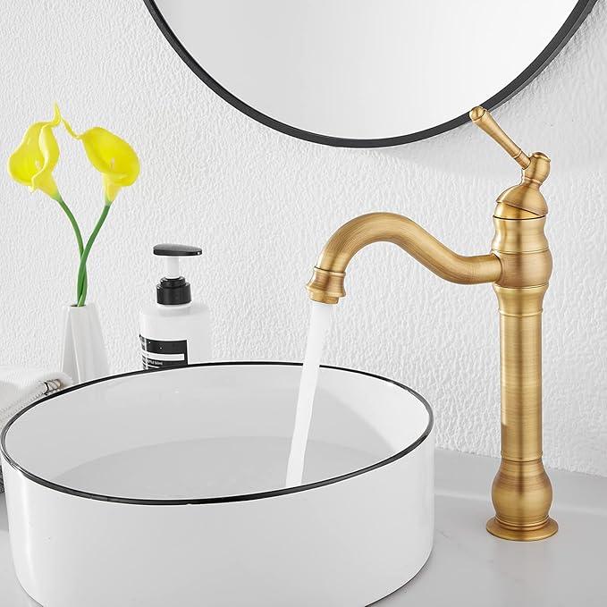 GGStudy 360° Swivel Antique Brass Bathroom Vessel Sink Faucet Single Handle One Hole Matching with Pop Up Drain - ModernBath