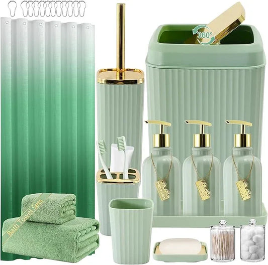 WSBArt 32PCS Bathroom Accessories Set Bathroom Set,Green Shower Curtain Set,Bath Towel Set,Hand Towel,Toilet Brush,Trash Can & 3PCS Soap Dispenser - ModernBath