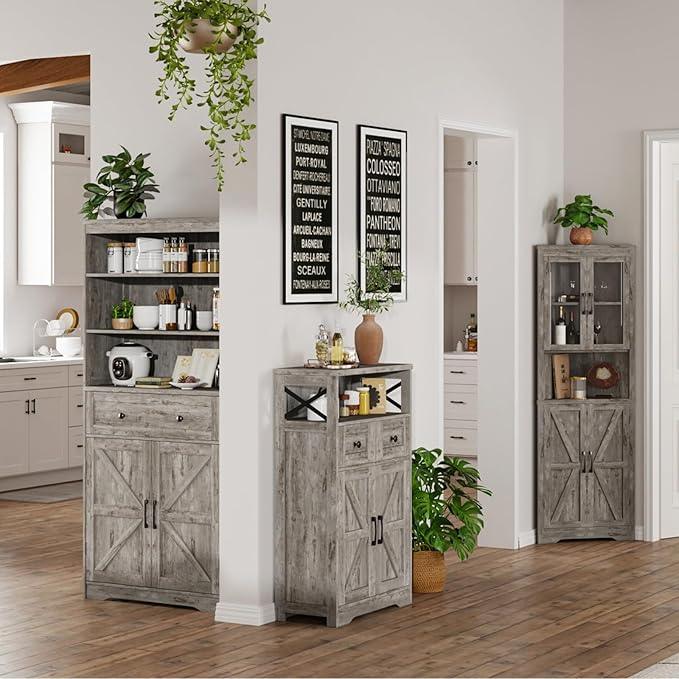 Small Farmhouse Storage Cabinet with Barn Doors, Farmhouse Kitchen Pantry Cabinet, Tall Coffee Bar with Storage, Hutch Cupboard for Kitchen, Laundry, Living Room, Washed Grey - ModernBath