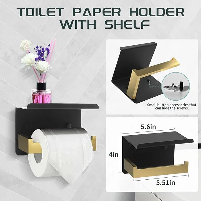 7-Piece Bathroom Set - Black & Gold Accessories Set - Square Towel Bar 2x23'', Hand Towel Rack, Toilet Paper Holder, 3x Towel Hook, Bathroom Hardware - ModernBath