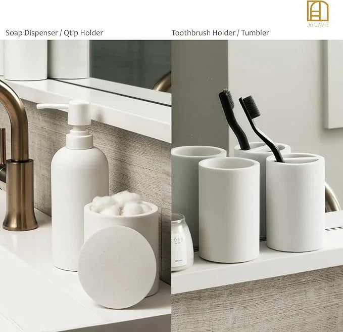 Jo Lavie Matte White Bathroom Accessories Set – 4-Piece Resin Countertop Organizer with Soap Dispenser, Tumbler, Toothbrush Holder & Cotton Swab Jar – Modern Minimalist Vanity Kit - ModernBath