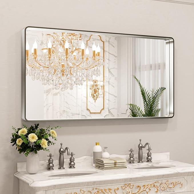 LOAAO 55X30 Inch Brushed Nickel Bathroom Mirror, Rounded Rectangle Silver Metal Frame Mirror, Brushed Nickel, Anti-Rust, Shatter Proof, Hangs Horizontally or Vertically - ModernBath
