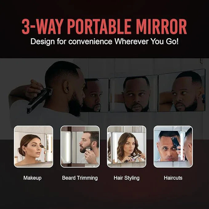 Self-Cut System 3 Way Mirror with LED Lights – Trifold Self Cut Barber Mirror for Men and Women, 360 View for Easy Haircuts, Travel Friendly - Three Way Design for Grooming and Styling - ModernBath
