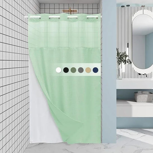 EUTXL Mint Green Stall No Hook Shower Curtain with Snap in Liner,230GSM Waffle Weave Shower Curtains for Bathroom,54W x 80H - ModernBath