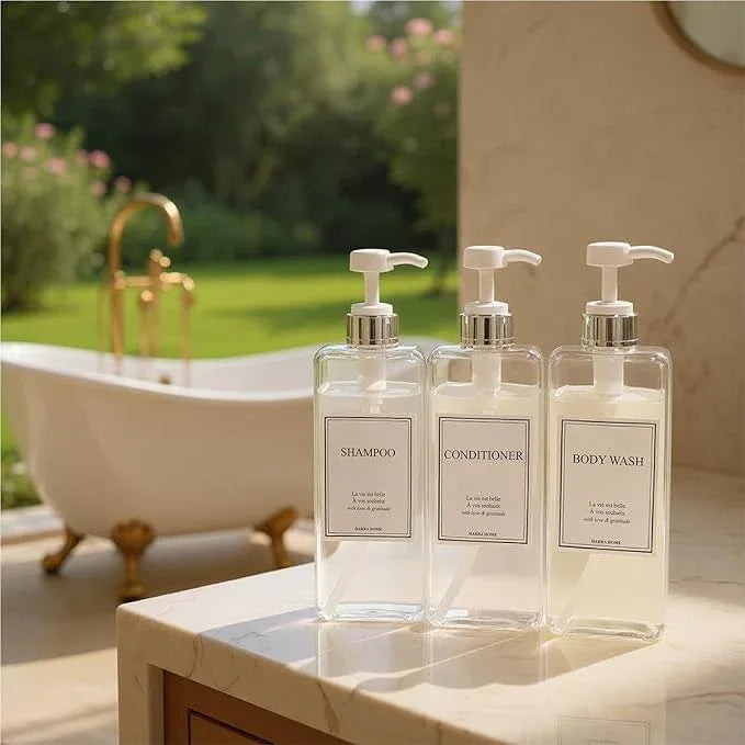 Modern Design Shampoo and Conditioner Dispenser, Large 27oz Shower Soap Dispenser, Set of 3 Refillable Empty Plastic Pump Bottles for Bathroom, 6 Waterproof Labels Included, (Clear & Silver) - ModernBath