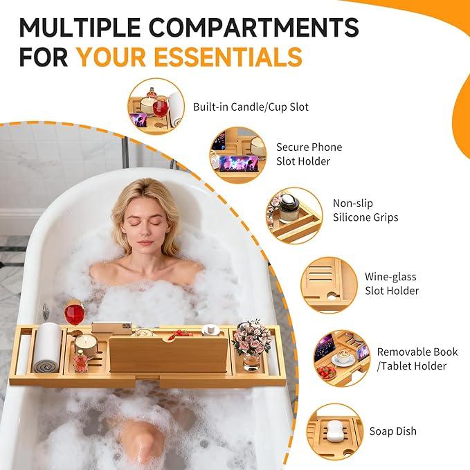 Premium Bamboo Bathtub Caddy Tray with Extending Sides, Adjustable Wood Bath Tray for Luxury Bath, Fits Most Tubs, Accessories Gift Idea - ModernBath
