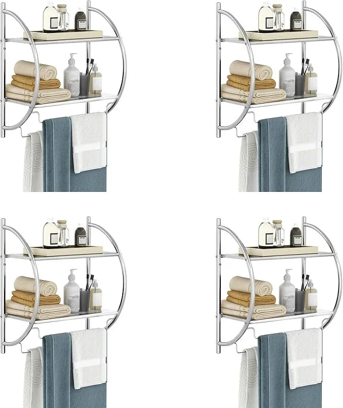 GOFLAME Wall Mounted Bathroom Shelf Set of 4, 2-Tier Chrome Towel Rack with Leaky Design Shelves, Towel Bars, Chrome Bathroom Shelf for Living Room Kitchen Bathroom, Silver - ModernBath