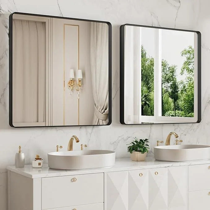 LOAAO 38x38 Inch Black Metal Framed Bathroom Mirror for Wall, Matte Black Bathroom Vanity Mirror Farmhouse, Large Rounded Rectangle Mirror, Anti-Rust, Tempered Glass, Hangs Horizontally or Vertically - ModernBath