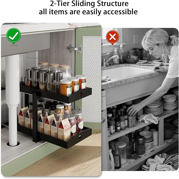 2 Pack Under Sink Organizer, Bamboo Wooden 2-Tier Pull-Out Storage with Sliding Drawers for Kitchen and Bathroom Cabinets, Easy Installation (Black) - ModernBath